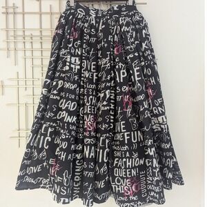 Kate Hewko Graffiti Print Midi Skirt Black White Pink XS Pleated Tulle Lined NWT
